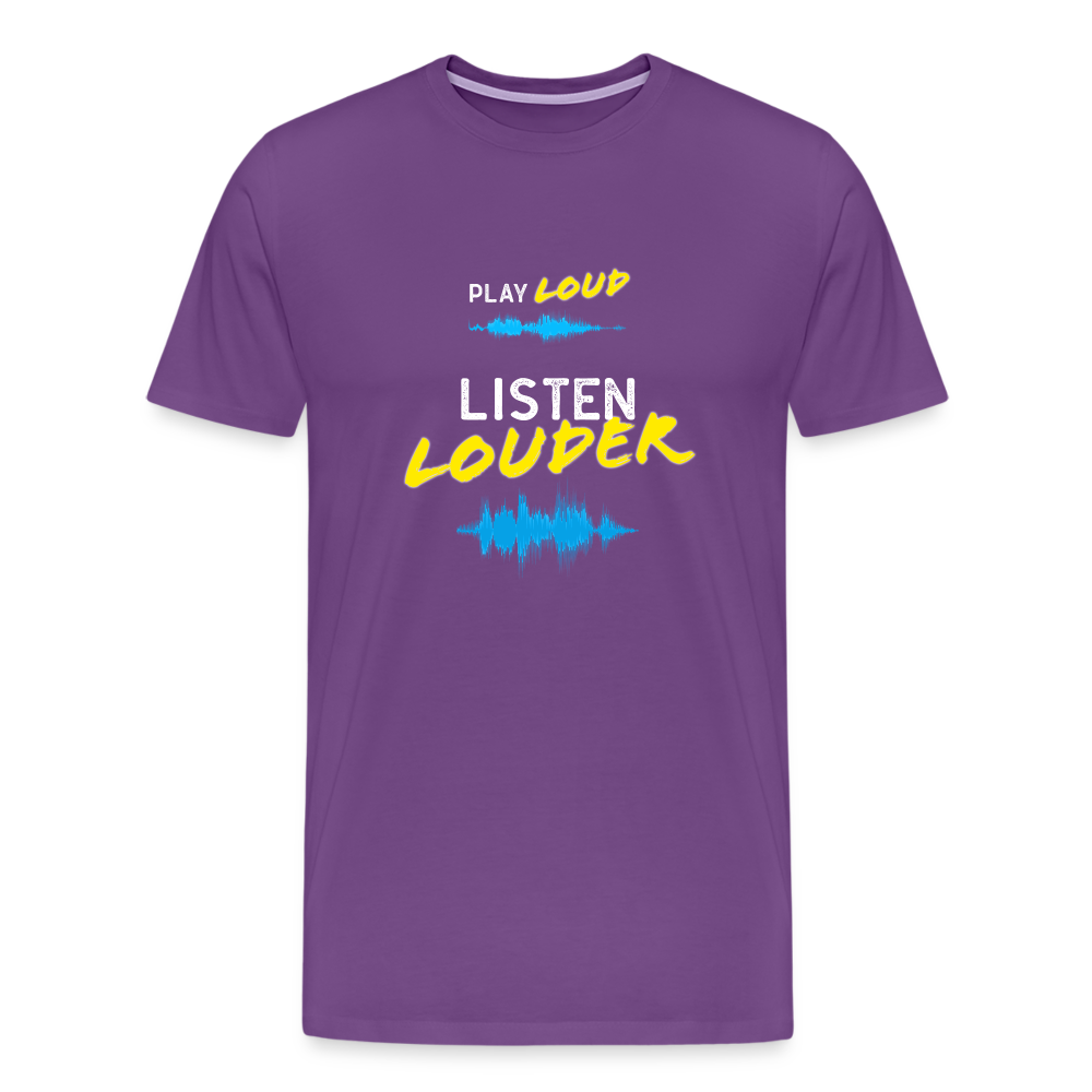 Play Loud Listen Louder (White and Yellow Text) T-Shirt (Men) - purple