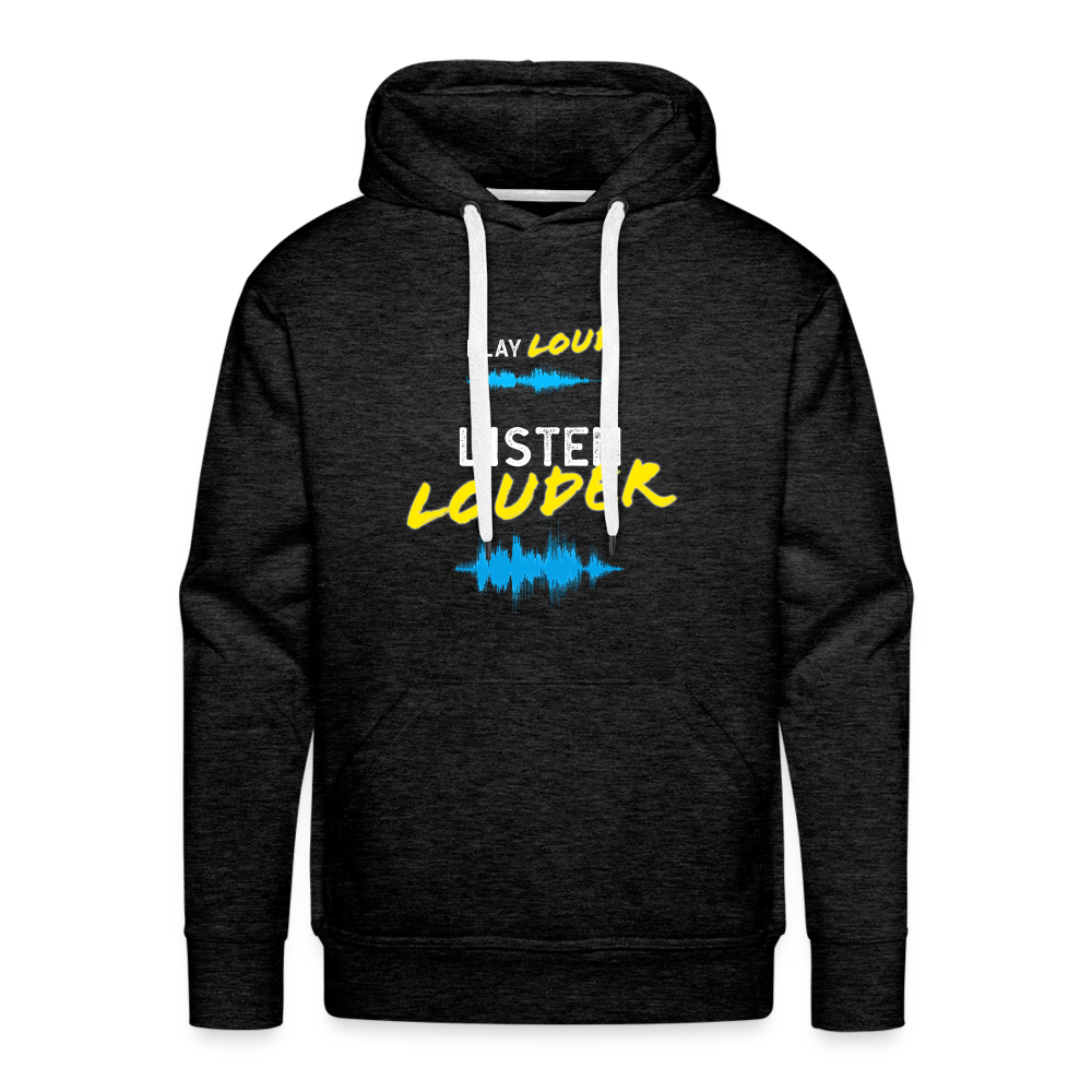 Play Loud Listen Louder (White and Yellow Text) Hoodie (Men) - charcoal grey