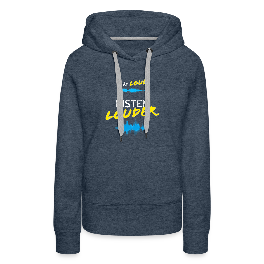 Play Loud Listen Louder (Yellow and White Text) Hoodie (Women) - heather denim