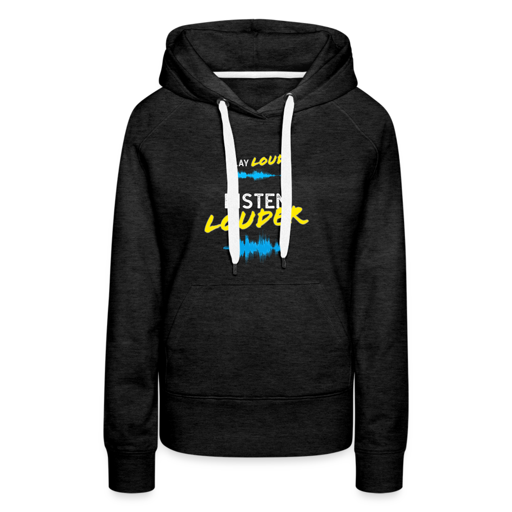Play Loud Listen Louder (Yellow and White Text) Hoodie (Women) - charcoal grey